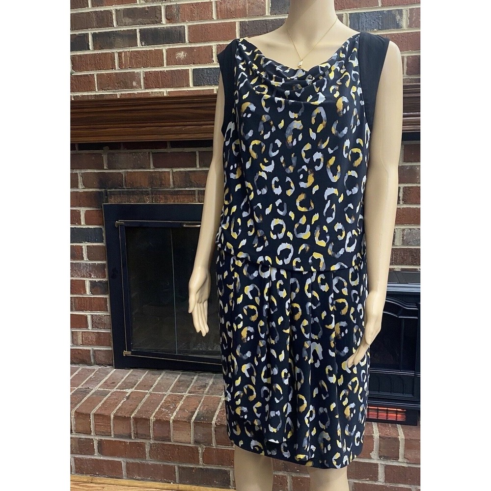 Nine West Black/Yellow Maize Combo Cowlneck Print Stretch Jersey Dress Size 10 - Picture 3 of 16